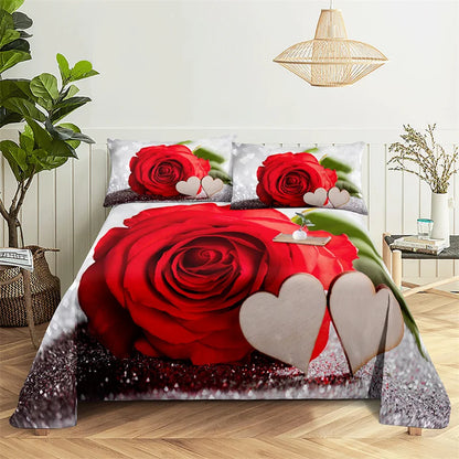 Red Rose Flowers Queen Sheet Set Girl Lovers Room Bedding Set Bed Sheets and Pillowcases Bedding Flat Sheet Bed Sheet Set