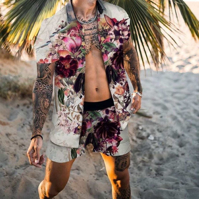 Camisa casual estampada Pantalones cortos de playa Traje para hombre