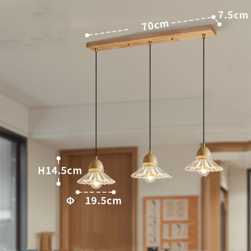 Lustre minimaliste moderne nordique à trois têtes en verre et bois massif pour restaurant