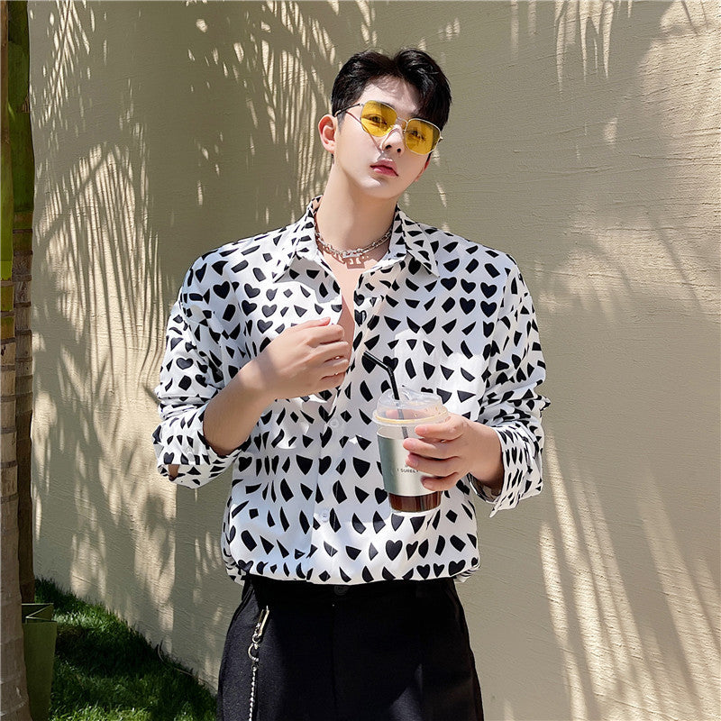 Black And White Collision Geometric Pattern Printed Long-sleeved Shirt Men