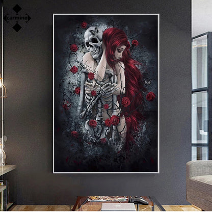 Pintura artística de calavera para pared, lienzo de rosa roja, imagen de mujer de pelo largo, póster e impresión para decoración Interior del hogar, impresión de pared sin marco