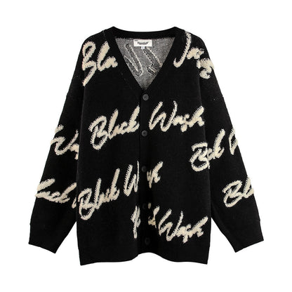 Over Printed Letters Flocking Embroidery V-neck Knitted Cardigan