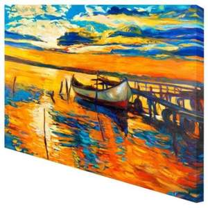 Yhhp Hand Painted Dock Boat Decoration Canvas Oil Painting- Orange  Blue