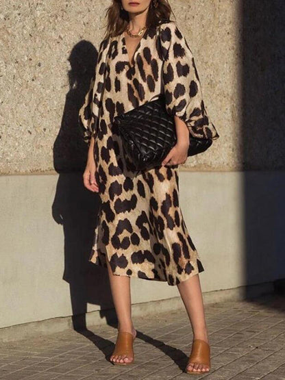 Vestido holgado con manga farol y estampado de leopardo