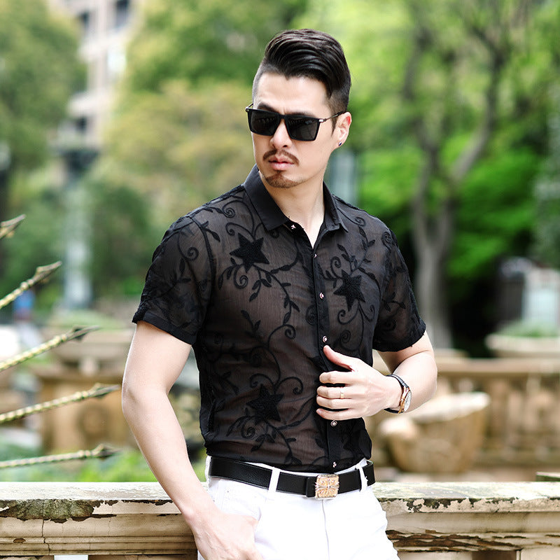 Summer New Style  Men's Shirts Slim Hollow Embroidered Non-iron Casual Shirts