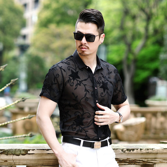 Camisas de hombre de nuevo estilo de verano Camisas casuales sin hierro bordadas huecas delgadas