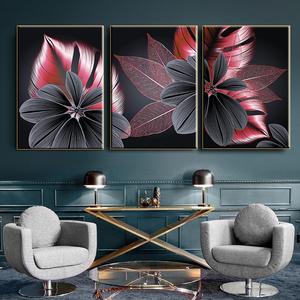 Modern Simple Black Gold Plant Flower Triptych Decorative Painting