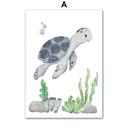 Tortue de mer, hippocampe, baleine, étoile de mer, poisson, toile d'art, affiche d'art nordique