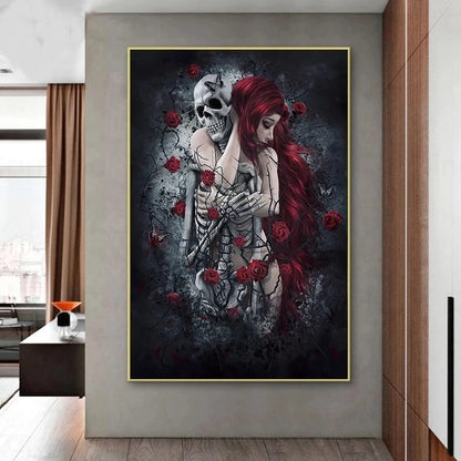 Pintura artística de calavera para pared, lienzo de rosa roja, imagen de mujer de pelo largo, póster e impresión para decoración Interior del hogar, impresión de pared sin marco