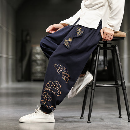 Nuevos pantalones de estilo chino para hombre, pantalones holgados de pierna ancha estampados de talla grande