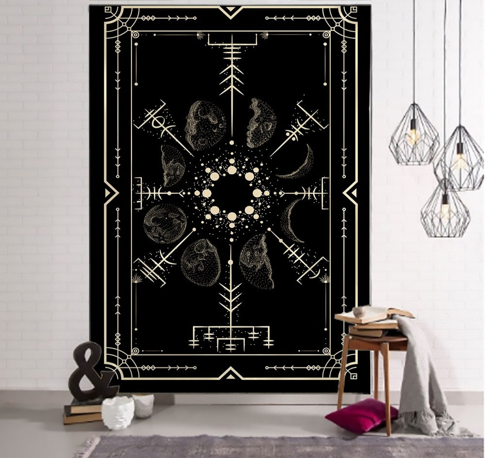 Tapiz de Tarot de brujería para colgar en la pared, color negro, caqui, sol, luna, estrella, universo, patrón geométrico, dormitorio, hogar