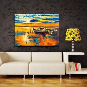 Yhhp Hand Painted Dock Boat Decoration Canvas Oil Painting- Orange  Blue