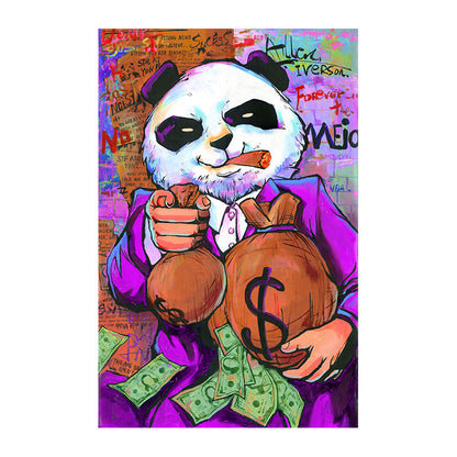 Cuadro divertido de Panda morado, bolsa de dinero, lienzo