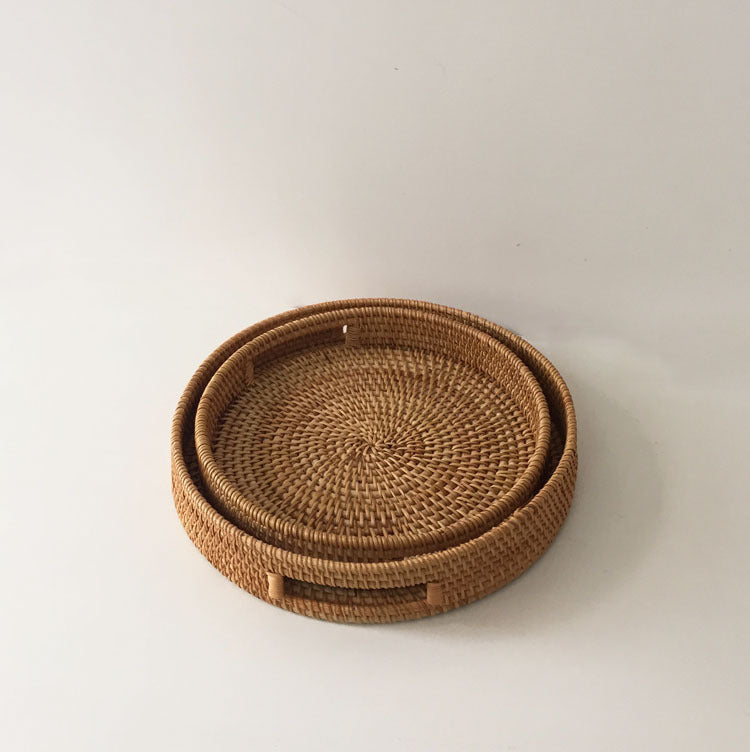 Rattan Snack Storage Tray Round Basket Hand Woven Decor Bread Fruit Food Display R9JC