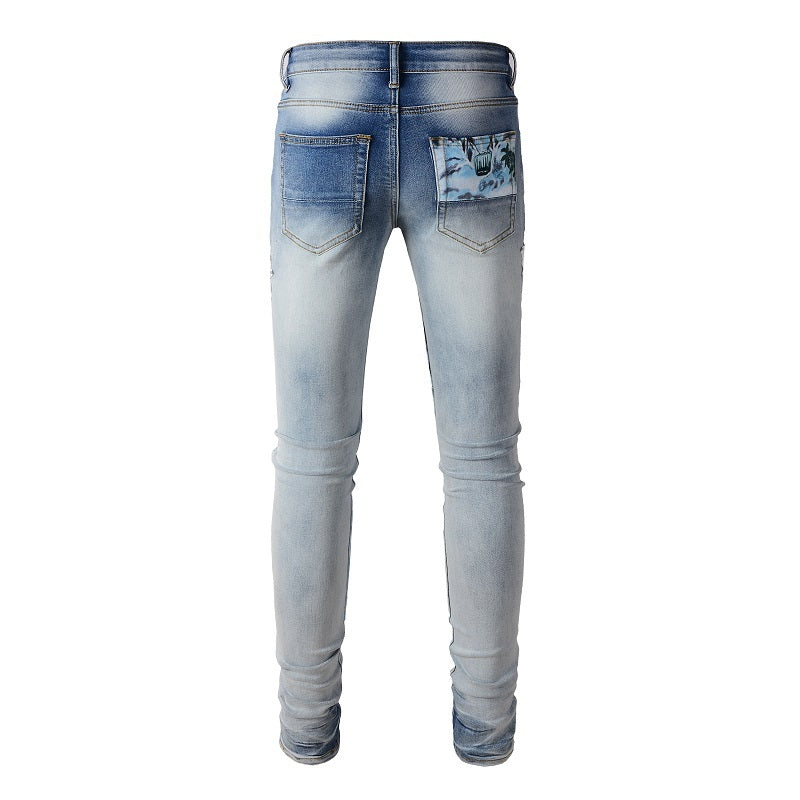 White Star Printed Patch Torn Jeans For Men