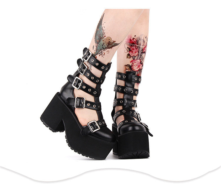 Zapatos de mujer con plataforma y hebilla de cinturón antideslizantes Cool Street de tubo alto punk oscuro