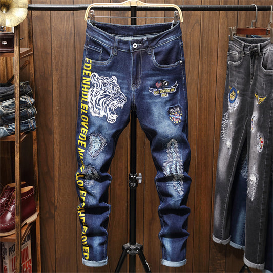 Men's Vintage Tiger Head Embroidered Printed Jeans