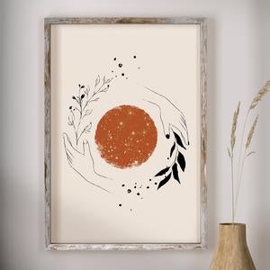 Arte abstracto nórdico moderno simple mano naranja sol y luna línea lámina de oro