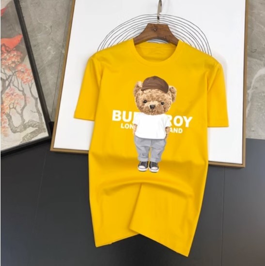 Camiseta de verano de algodón mercerizado para hombres jóvenes, media manga, cuello redondo, estampado con letras de oso