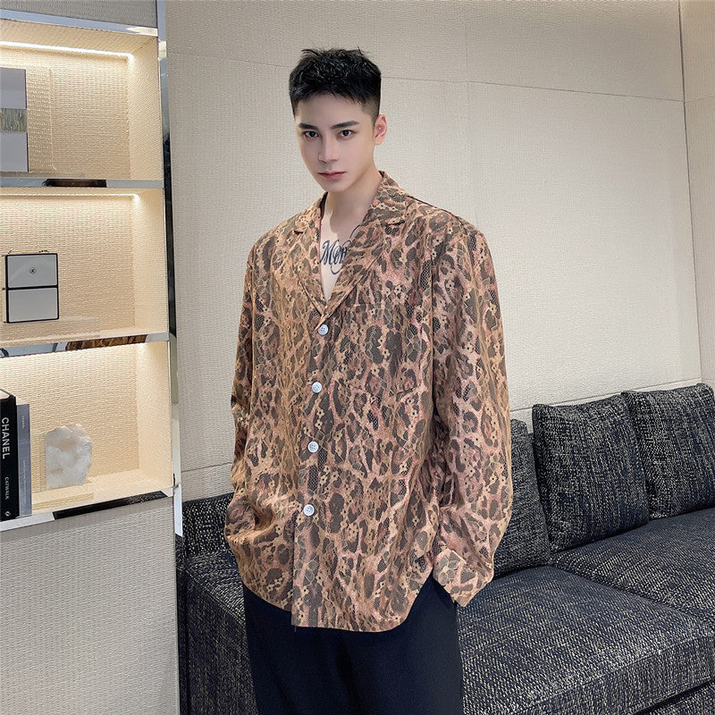 Lace Mesh Leopard Print Suit Collar Shirt Men's Lapel