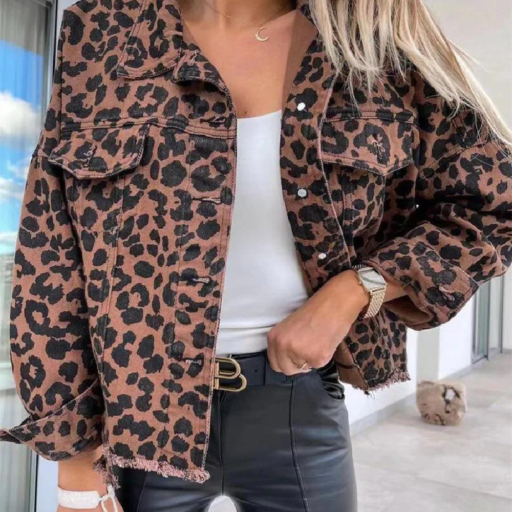 Chaqueta vaquera estampada con estampado de leopardo para mujer