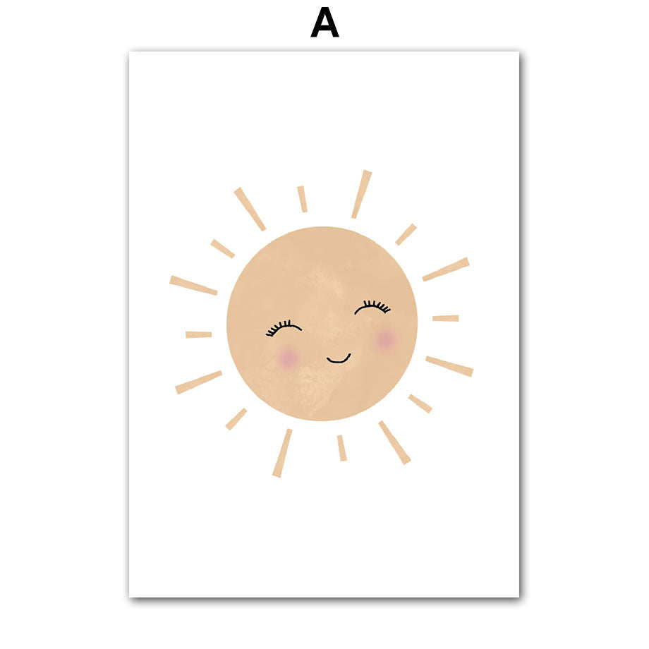 Cuadro sobre lienzo con cita de sol, nube, arcoíris, flores, mariposas y frutas, póster escandinavo