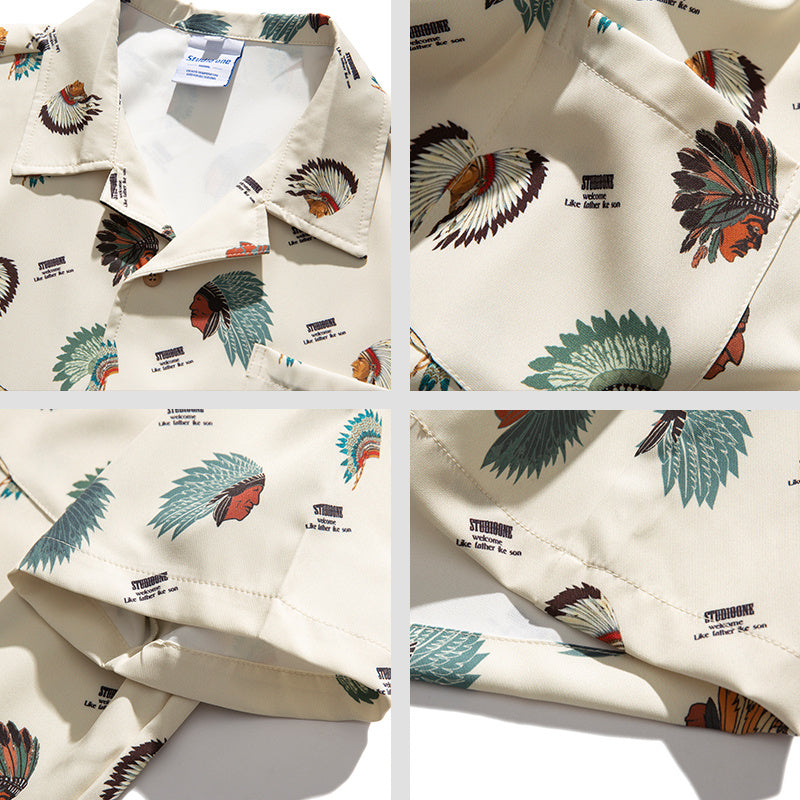 Retro Full Print Short-sleeved Shirt Men's Casual All-match Shirt Half Sleeves Loose