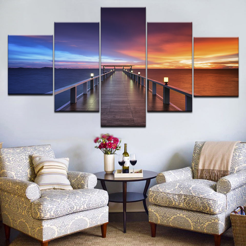 Póster de pared impreso, decoración del hogar, hermosa puesta de sol, puente, pintura de paisaje natural, imágenes de lago