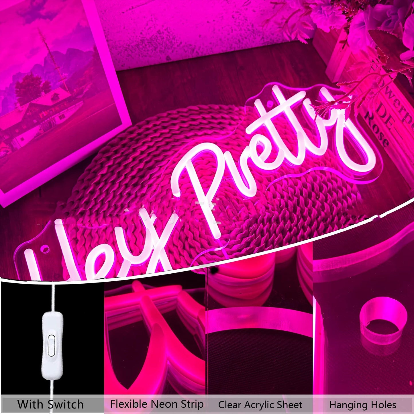 Bar Neón Hey Pretty Party Letras Inglesas Luz Decorativa