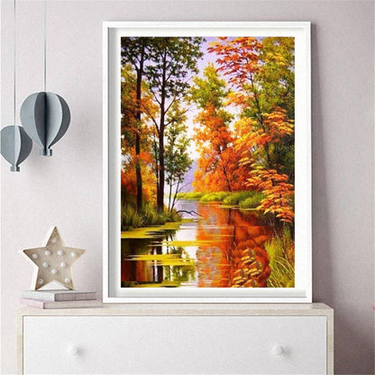 Peinture diamant cercle complet, paysage diamant, paysage d'automne