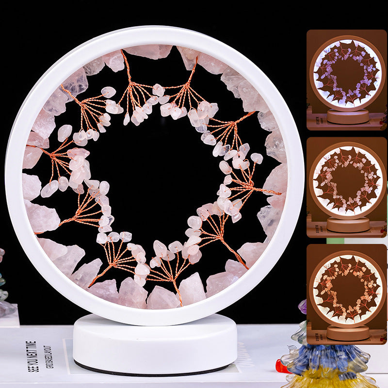 USB Interface Natural Crystal Stone Flower Tree Round Night Light Decoration Holiday Atmosphere Bedside Lamp