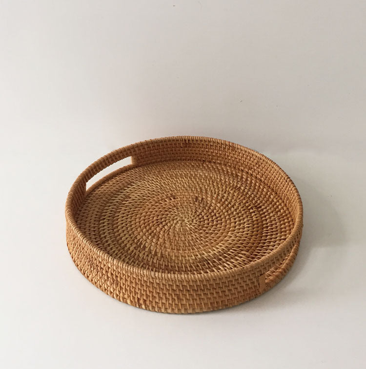 Rattan Snack Storage Tray Round Basket Hand Woven Decor Bread Fruit Food Display R9JC