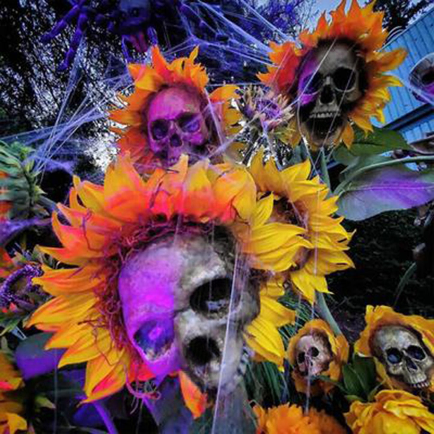 Decoración de Halloween con forma de calavera y girasol, simulación de ambiente de jardín, adorno de flores para decoración del jardín del hogar