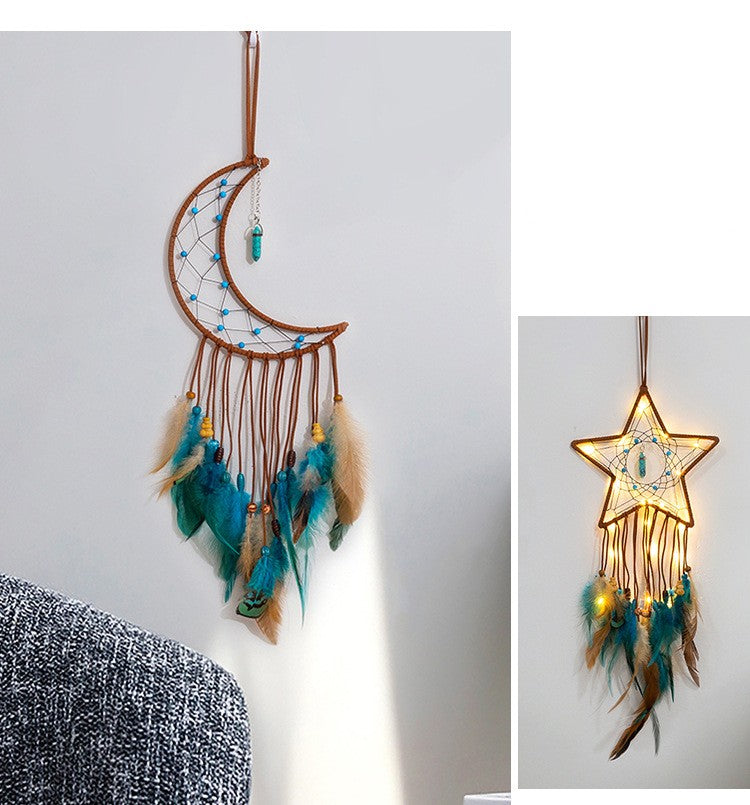 Atrapasueños de plumas de estrella, adorno colgante, campanas de viento de pentagrama, regalo hecho a mano