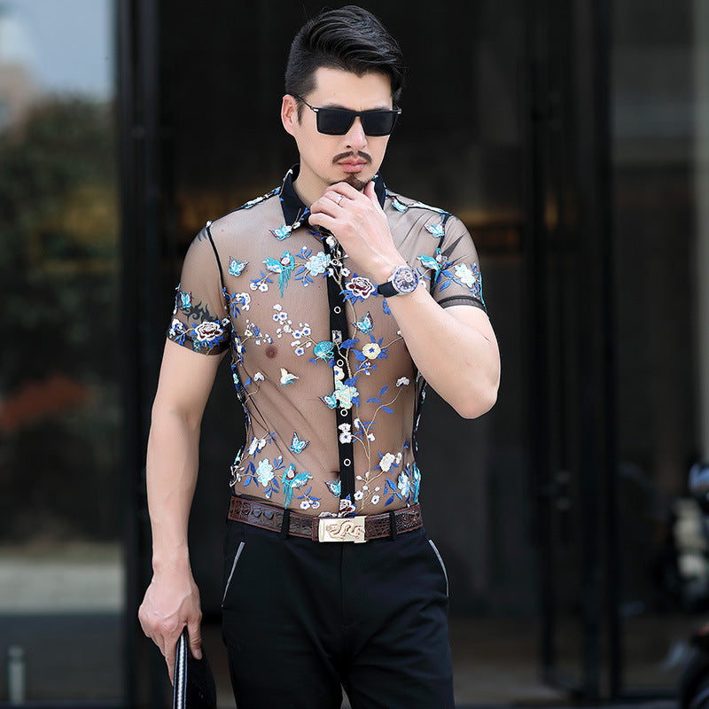 Men's Short-sleeved Floral Thin Hollow Non-iron Ice Silk Shirt