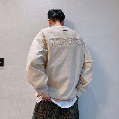 Letter Printed Deerskin Cashmere Crewneck Sweater