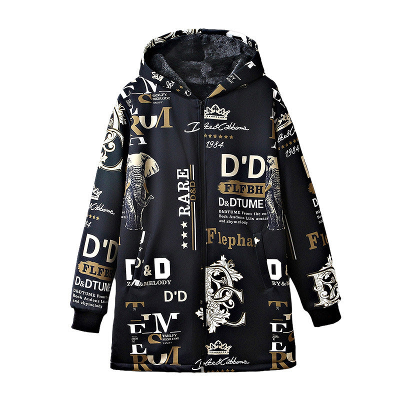 Men's Long Printed Windbreaker Jacket With Fleece Hood