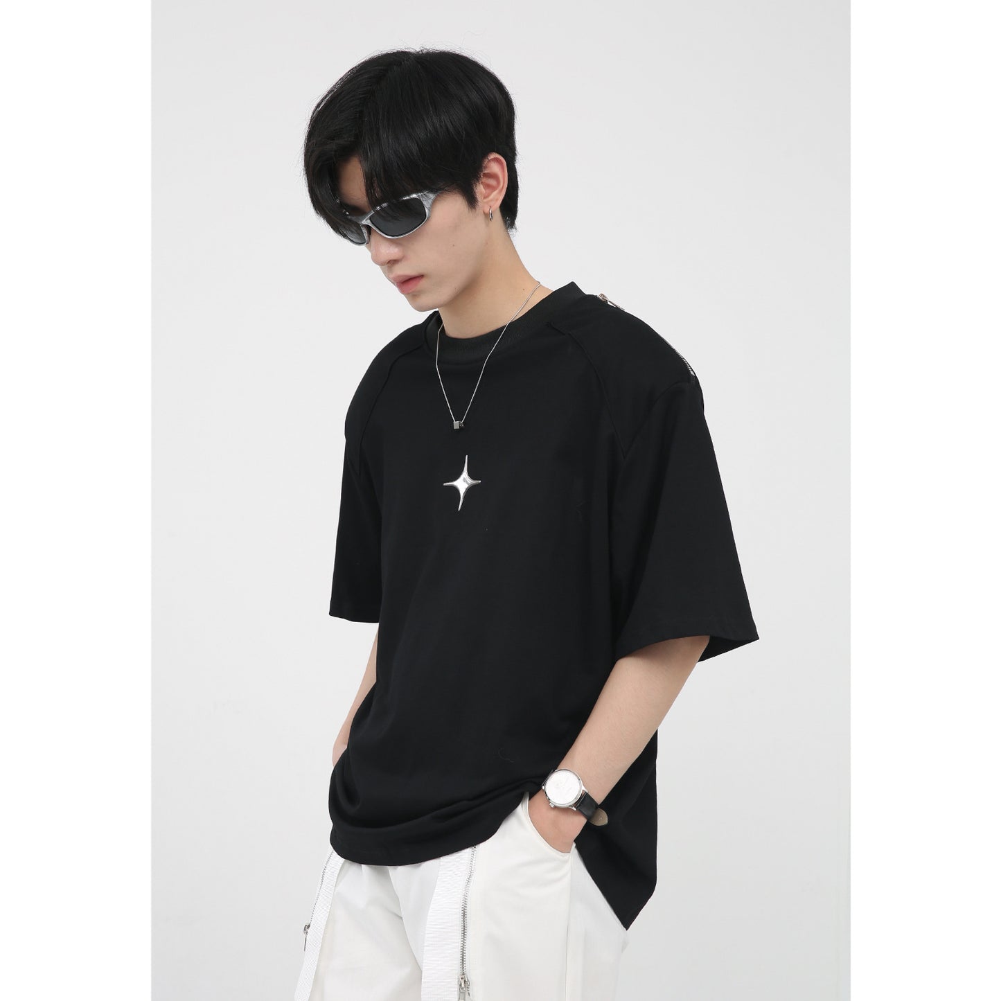 Korean Version Simple Printed Zipper Shoulder Pad Design T-shirt For Men