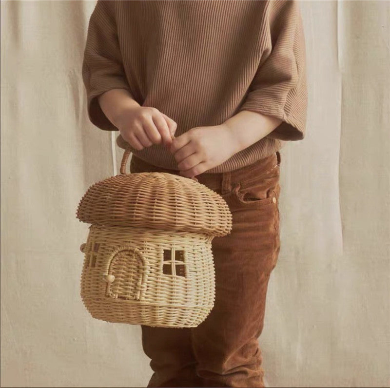 Bolsa nórdica de mimbre con forma de seta para niños, cesta pequeña, caja de almacenamiento de juguetes para decoración de habitación de niños