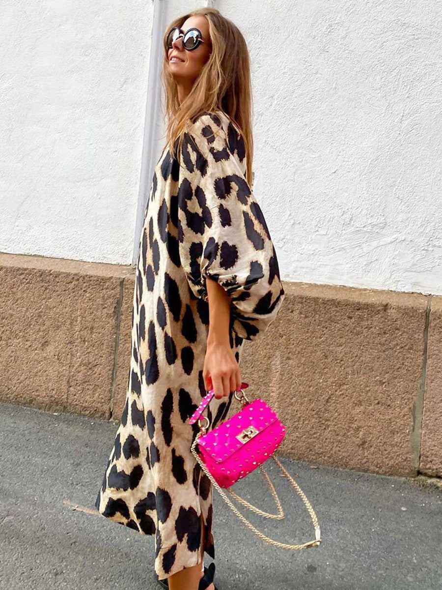 Vestido holgado con manga farol y estampado de leopardo