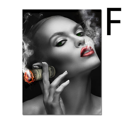 Wall Art Poster Red Lips Smoking Woman Clock Picture Canvas Painting