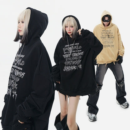 Ripped Hem With Chain Personality Letter Printed Hoodie