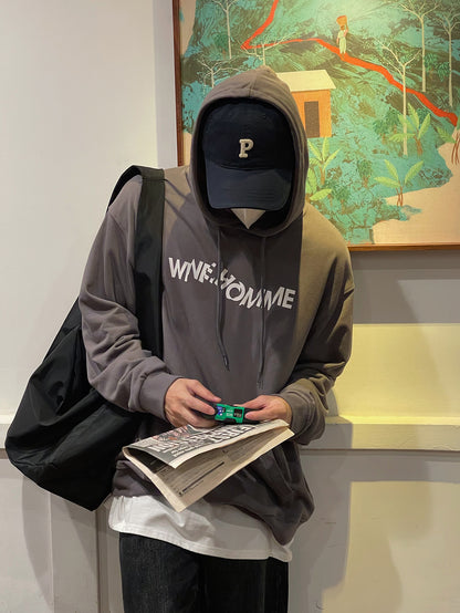 Pull à capuche ample pour hommes, pull imprimé avec lettres torsadées de personnalité