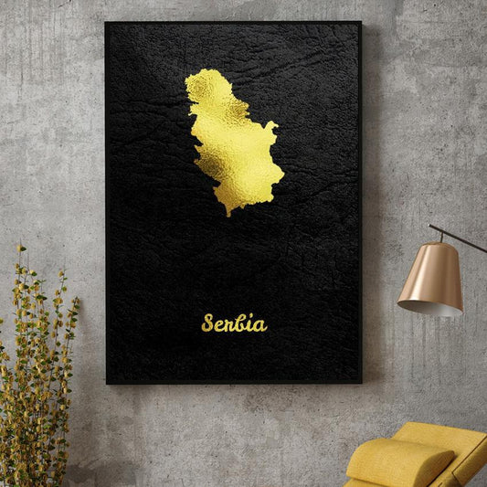 Póster moderno con pintura en lienzo con mapa dorado de Serbia