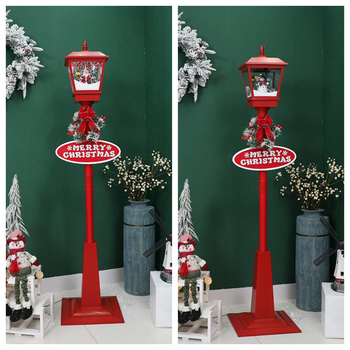 Santa Claus Snowman Christmas Tree Snowing Street Light