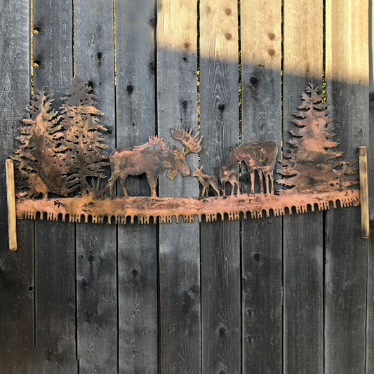 New Moose Cross-cut Saw Metal Wall Art On Tree