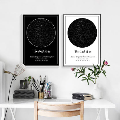 Peinture sur toile avec carte des étoiles et Phases de la lune, affiche en noir et blanc, tableau d'art mural