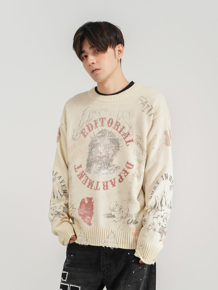 Pull ample imprimé, pull en tricot tendance nationale pour hommes et femmes