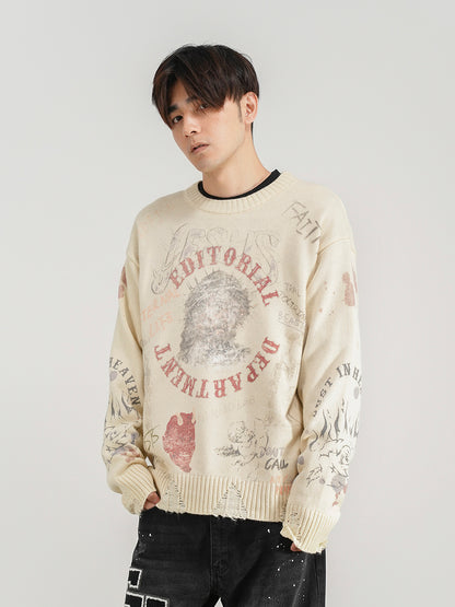 Pull ample imprimé, pull en tricot tendance nationale pour hommes et femmes