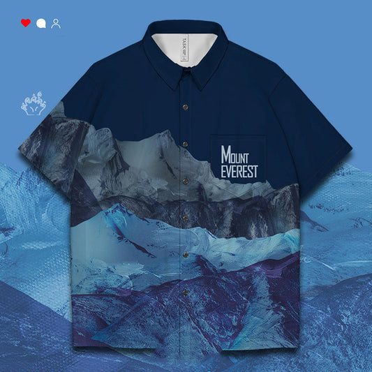 Camisa de manga corta con tendencia de pintura al óleo de montaña